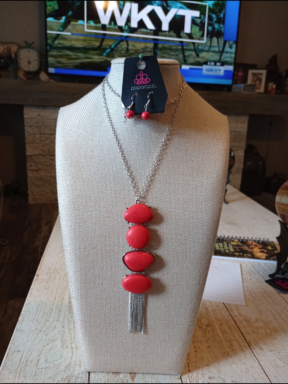 paparazzi Red Stone Pendant Necklace with Tassel and Matching Earrings